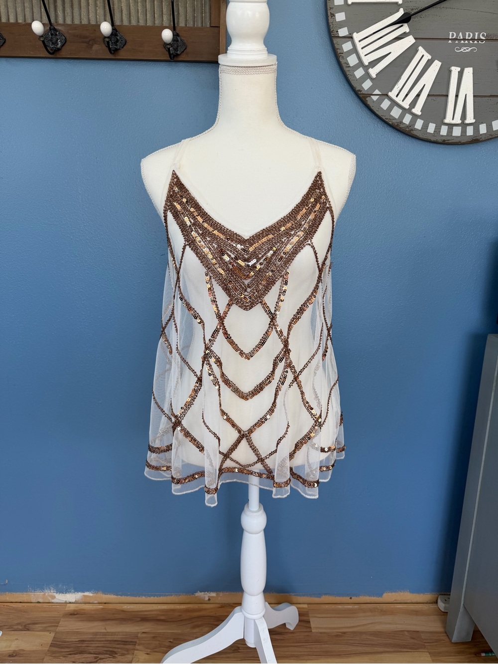 Buckle White Mesh Cami with Bronze Sequin Detail